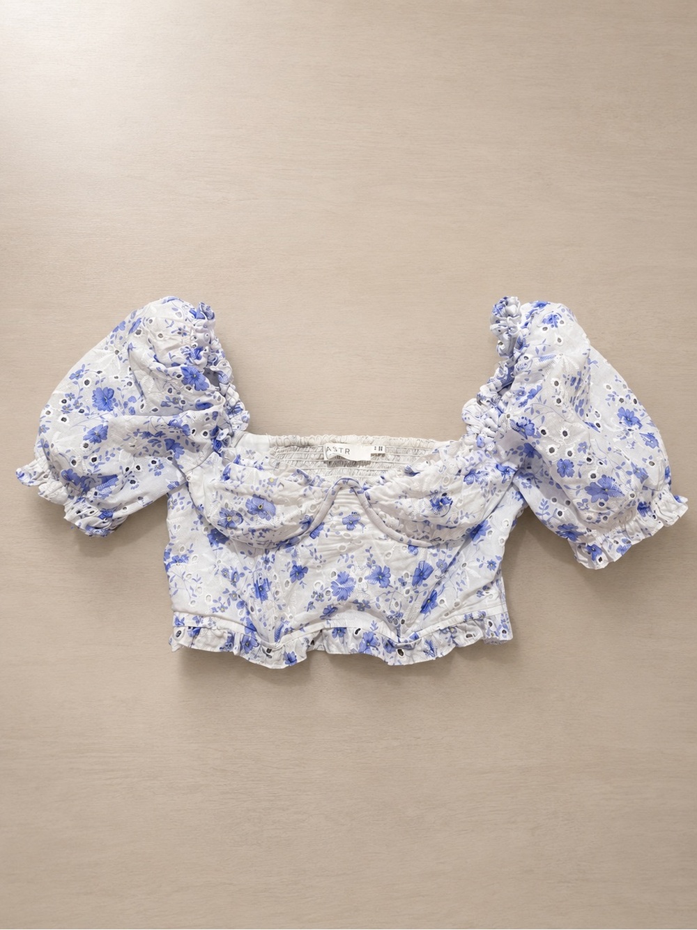 ASTR the Label Feronia Eyelet Puff-Sleeve Corset Crop Top Blue Floral